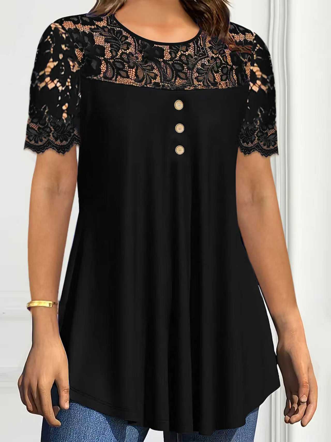 Women's Solid Color Lace Trim Short Sleeve Round Neck T-Shirt