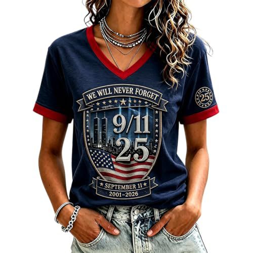 Twin Towers Anniversary Print V-Neck Short Sleeve Women's T-Shirt