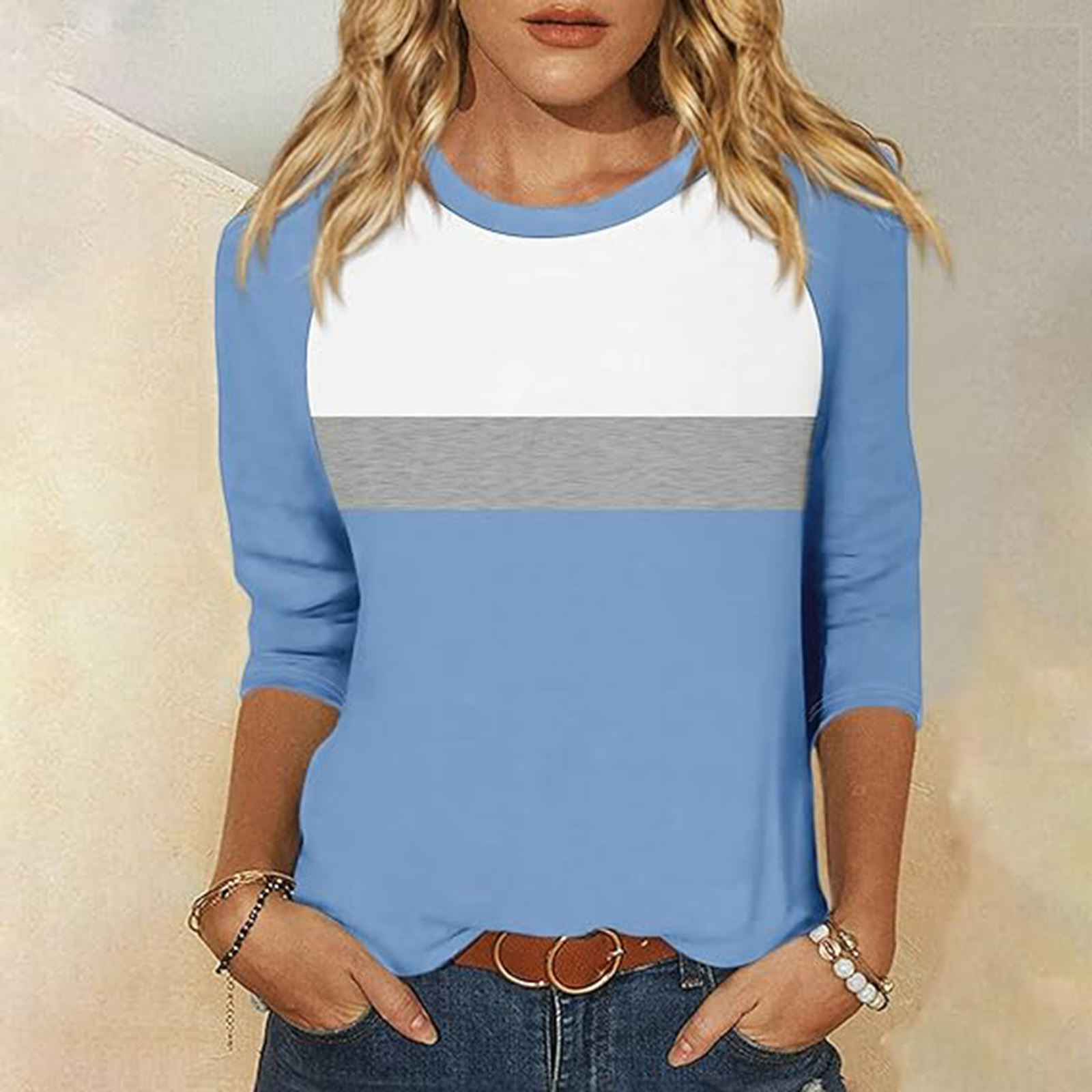 Women's Colorblock Seven-Sleeve Crewneck T-Shirt Casual Top