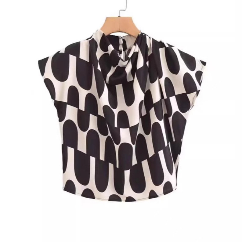 Women's Loose Wave Print Crew Neck Color Block Short Top