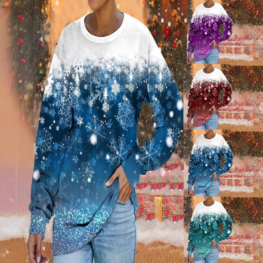Christmas Snowflake Print Loose Crewneck Sweatshirt