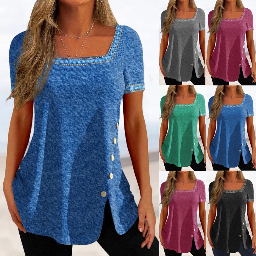 Women's Printed Button Slit Short Sleeve T-Shirt
