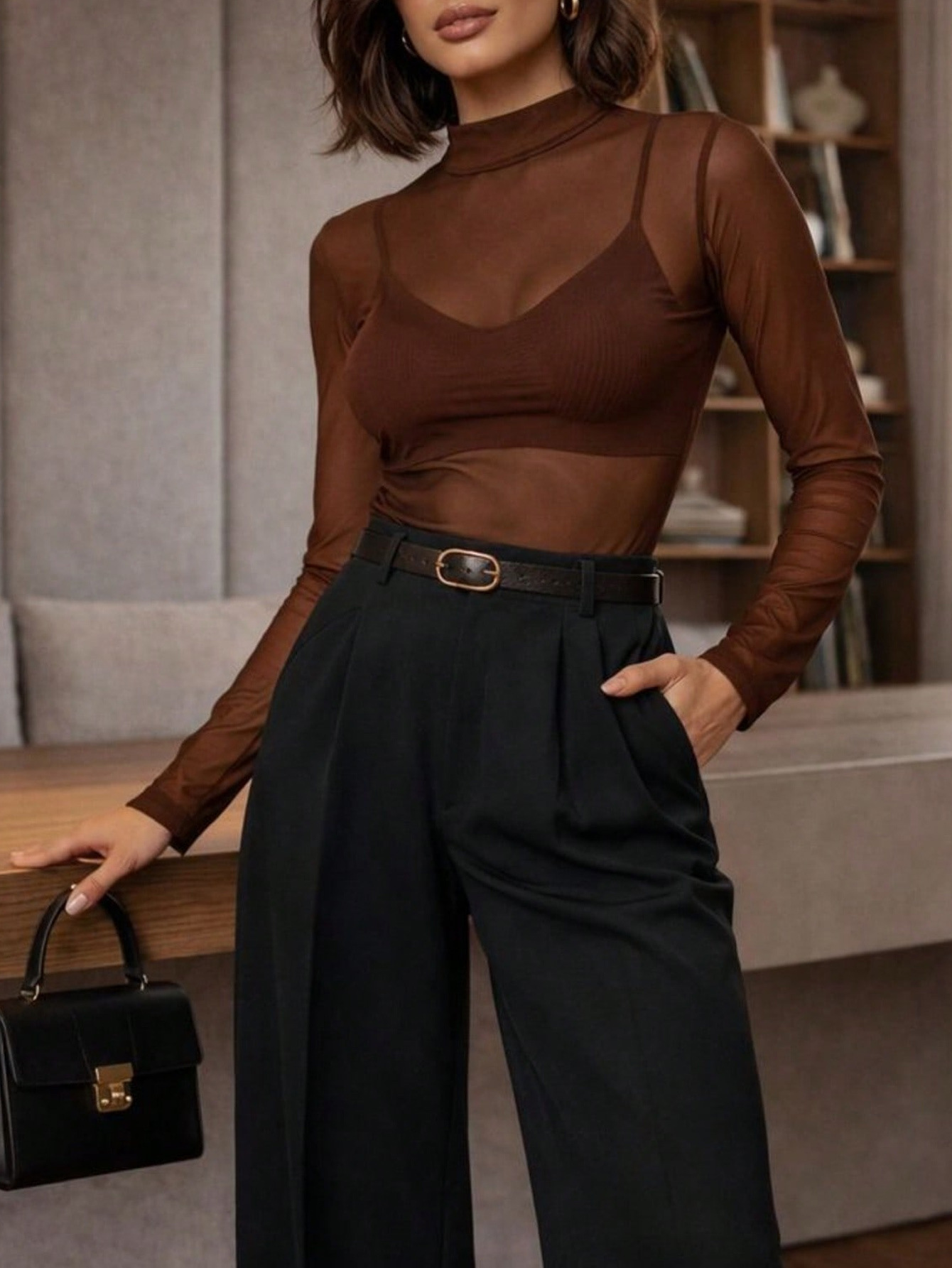 Sheer Mesh Mock Neck Fitted Tee