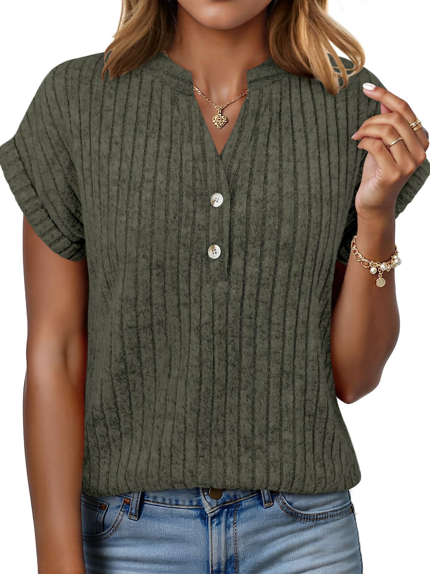 Brushed Ribbed V-Neck Batwing Short-Sleeve Top