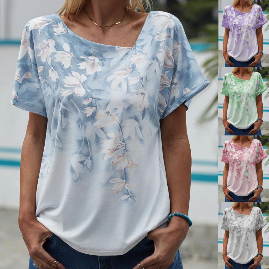 Floral Print Short Sleeve Asymmetric Neck Loose Fit T-Shirt