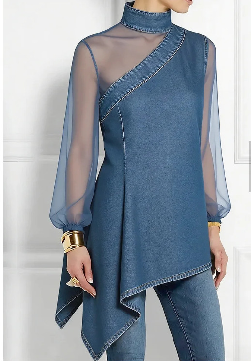 Mesh Spliced Denim Waist-Cinched Button-Up Shirt Top