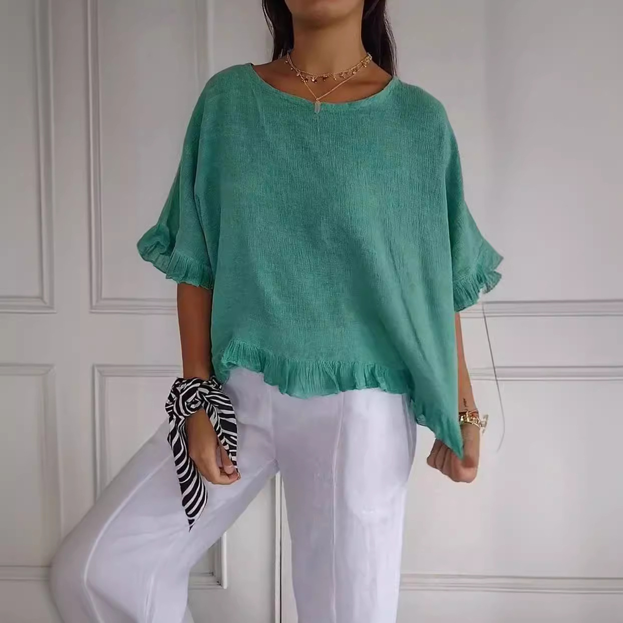 Women's Solid Ruffle Short Sleeve T-Shirt