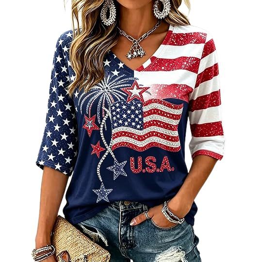 American Flag Star Print V-Neck Long Sleeve T-Shirt for Women