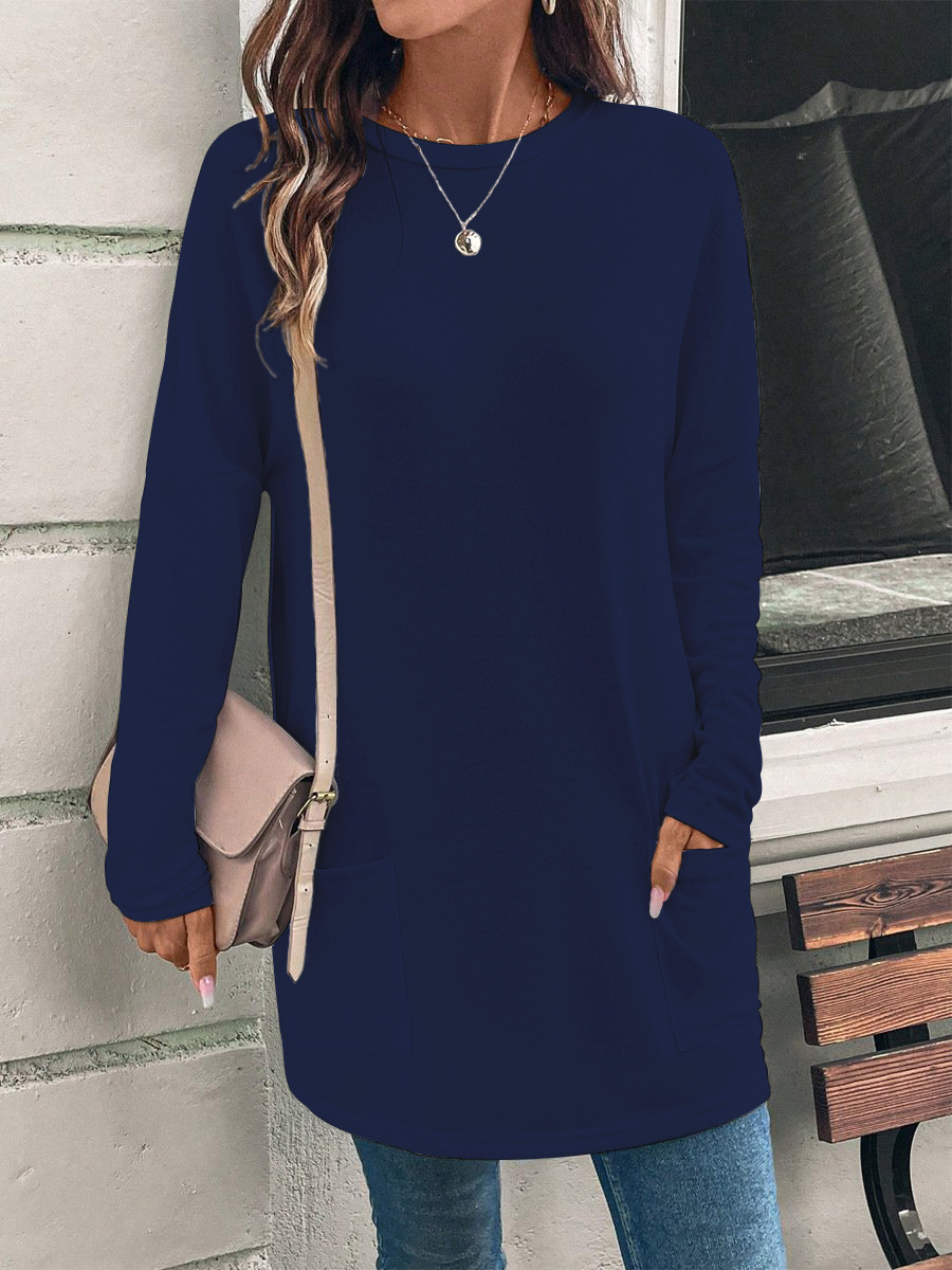 Women's Solid Color Long Sleeve Loose Crewneck Pocket T-Shirt