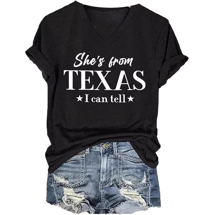 TEXAS Letter Print V-Neck Short Sleeve Women's T-Shirt