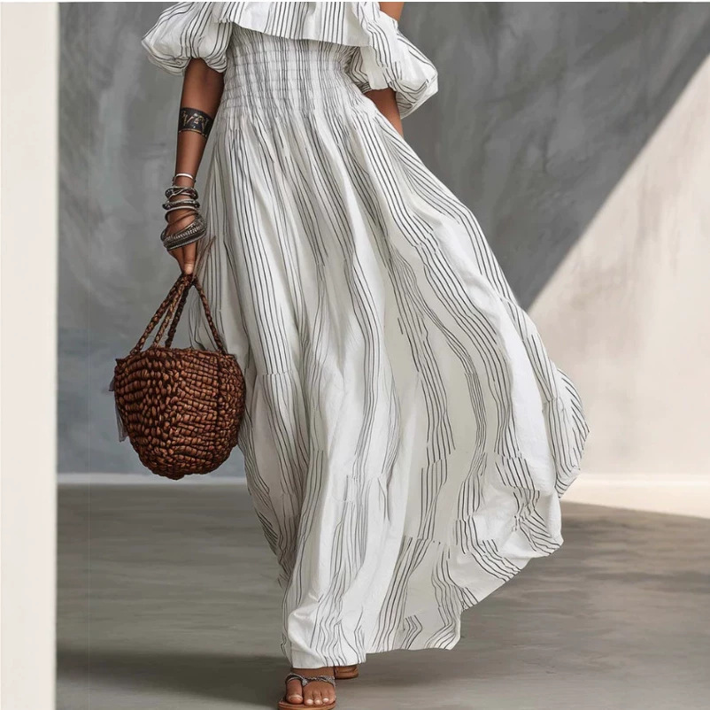 White Pinstripe Off-Shoulder Maxi Dress