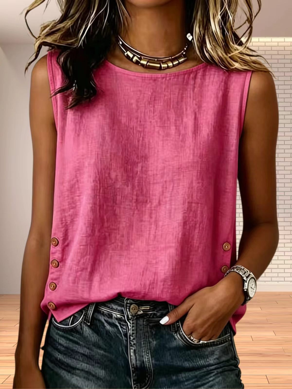 Women's Solid Crewneck Sleeveless Loose Casual Tank Top