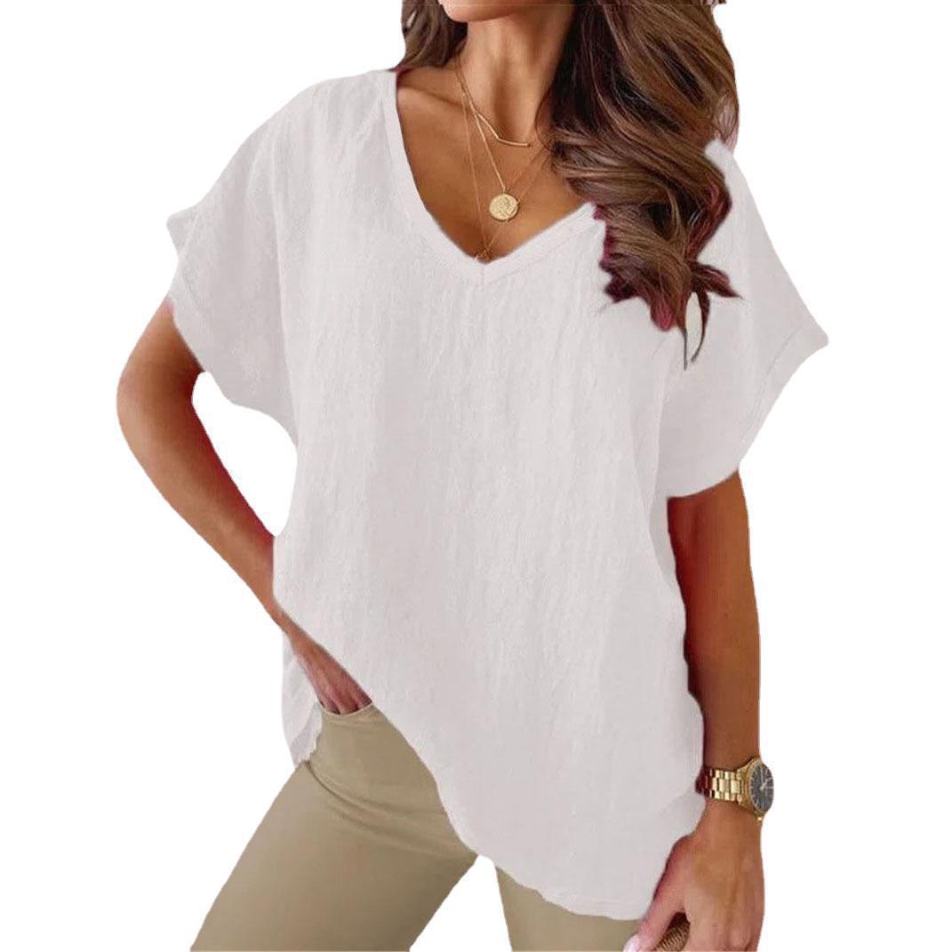 Batwing Short Sleeve V-Neck Solid Cotton Linen T-Shirt Casual Women's Top