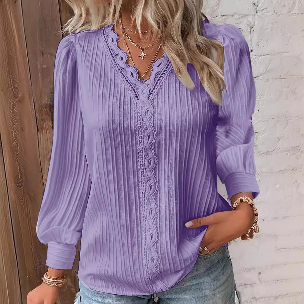Women's Long Sleeve V-Neck Lace Trim Blouse