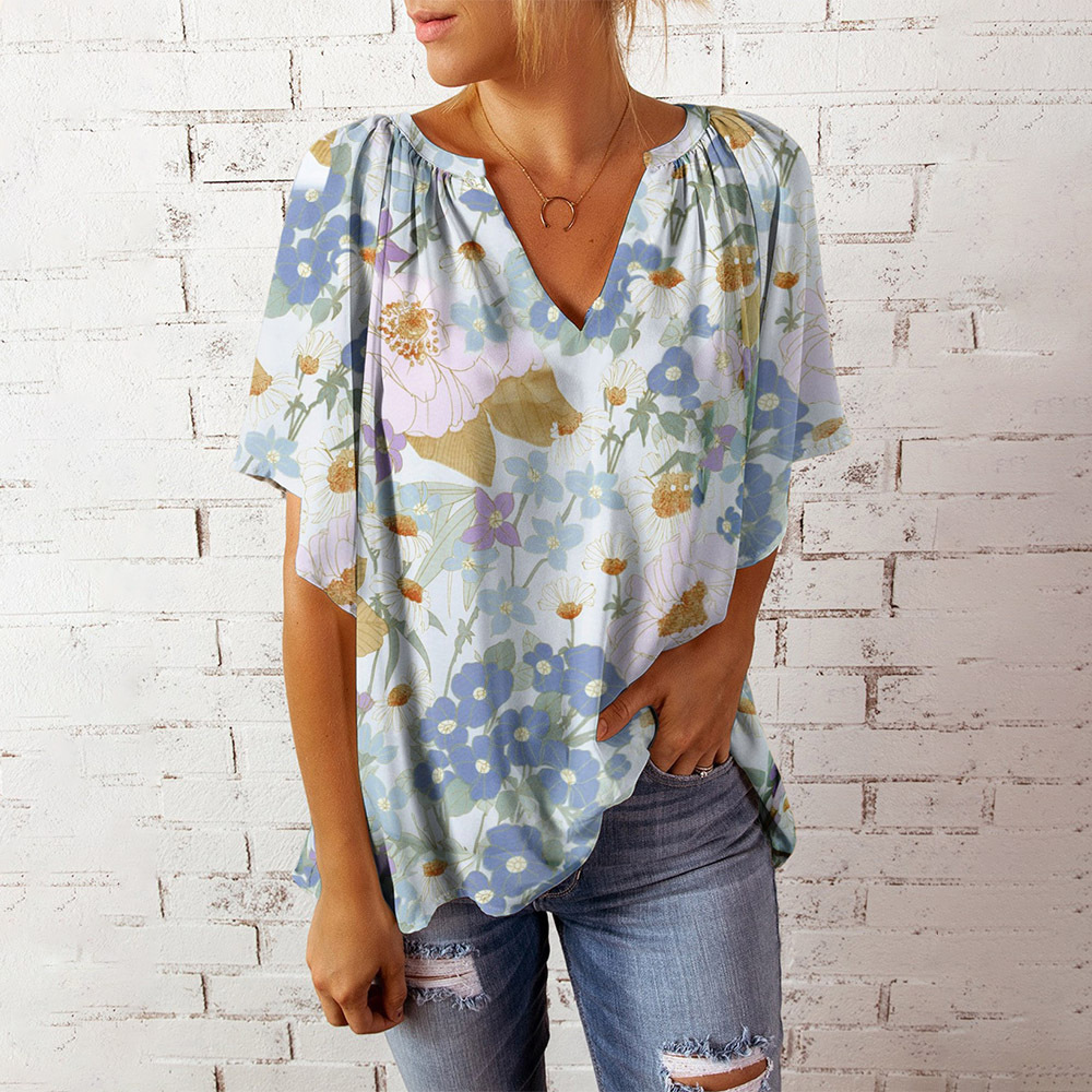 V-Neck Floral Print Short Sleeve Top