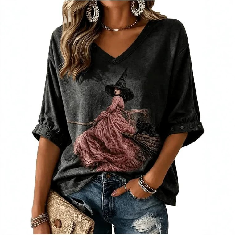 Halloween Witch Print V-Neck Half-Sleeve Women's T-Shirt