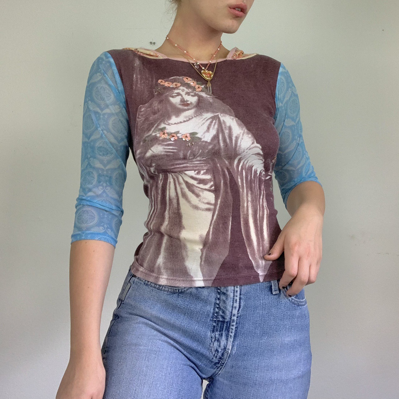 Abstract Mesh Print Sheer Long-Sleeve Crewneck Top