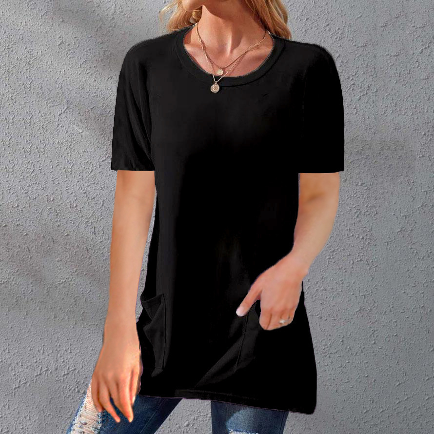 Women's Loose Fit Crewneck Short Sleeve Pocket Solid Midi T-Shirt