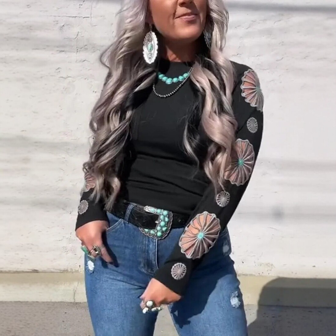 Women's Embroidered Cutout Crewneck Long Sleeve Top