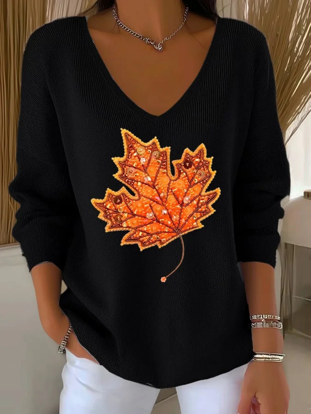 Maple Leaf Print V-Neck Long Sleeve T-Shirt