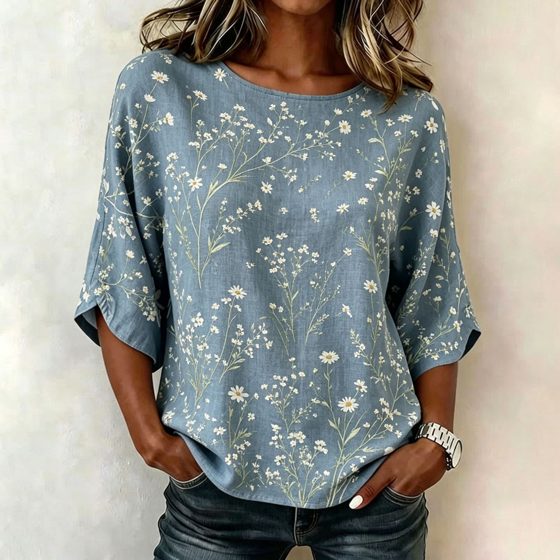 Floral Plaid Print Mid-Sleeve Women's Top
