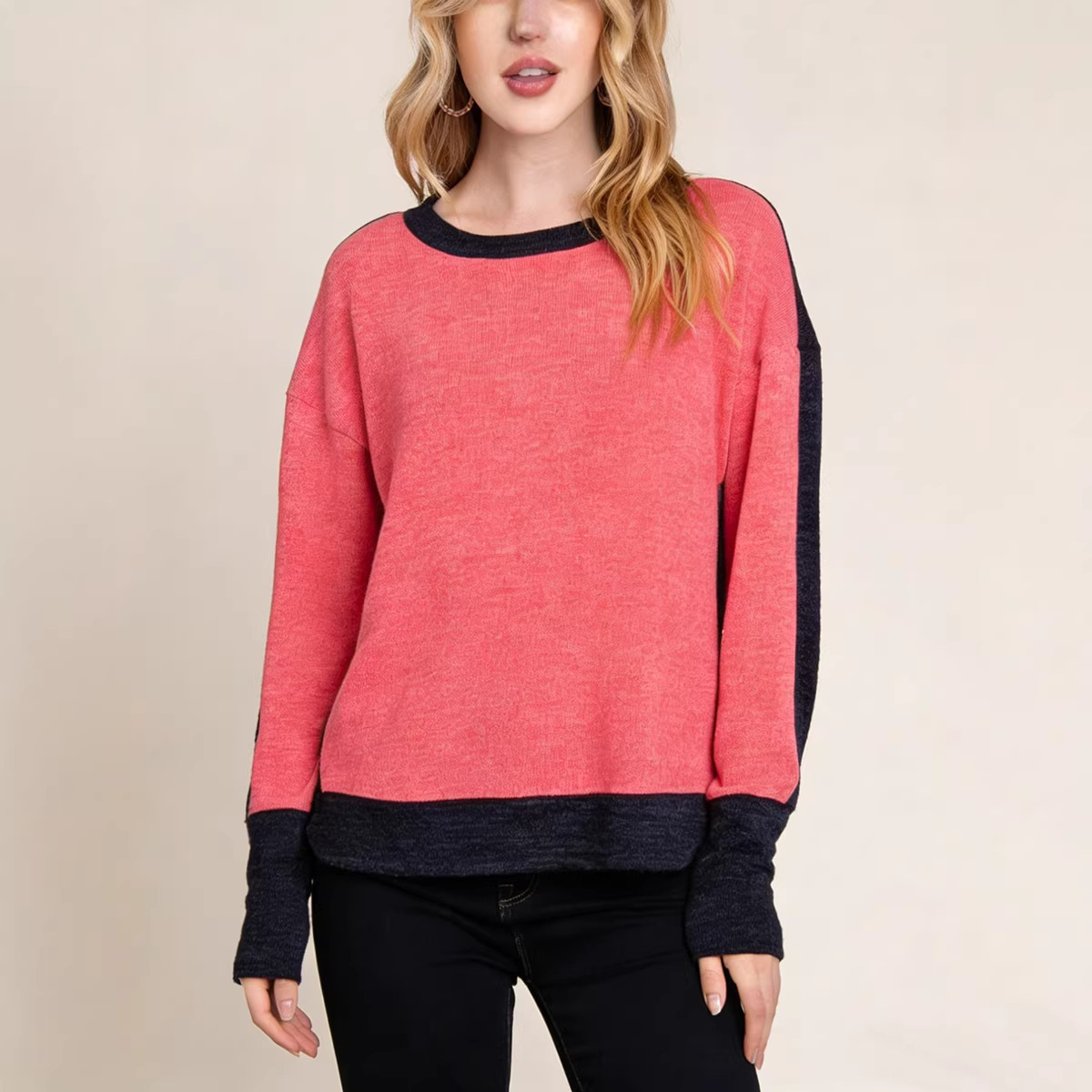 Women's Colorblock Crewneck Long Sleeve T-Shirt Loose Fit