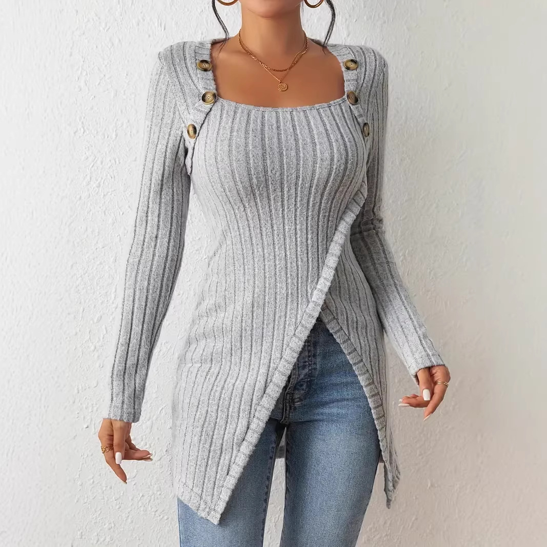 Women's Slim Fit Knit Button-Detail Slit Hem T-Shirt