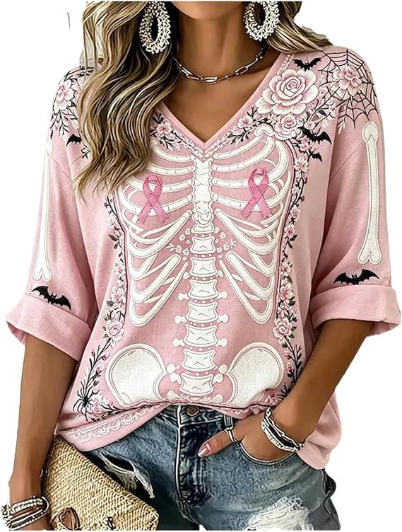 Skeleton Floral Ribbon Print V-Neck Half-Sleeve T-Shirt
