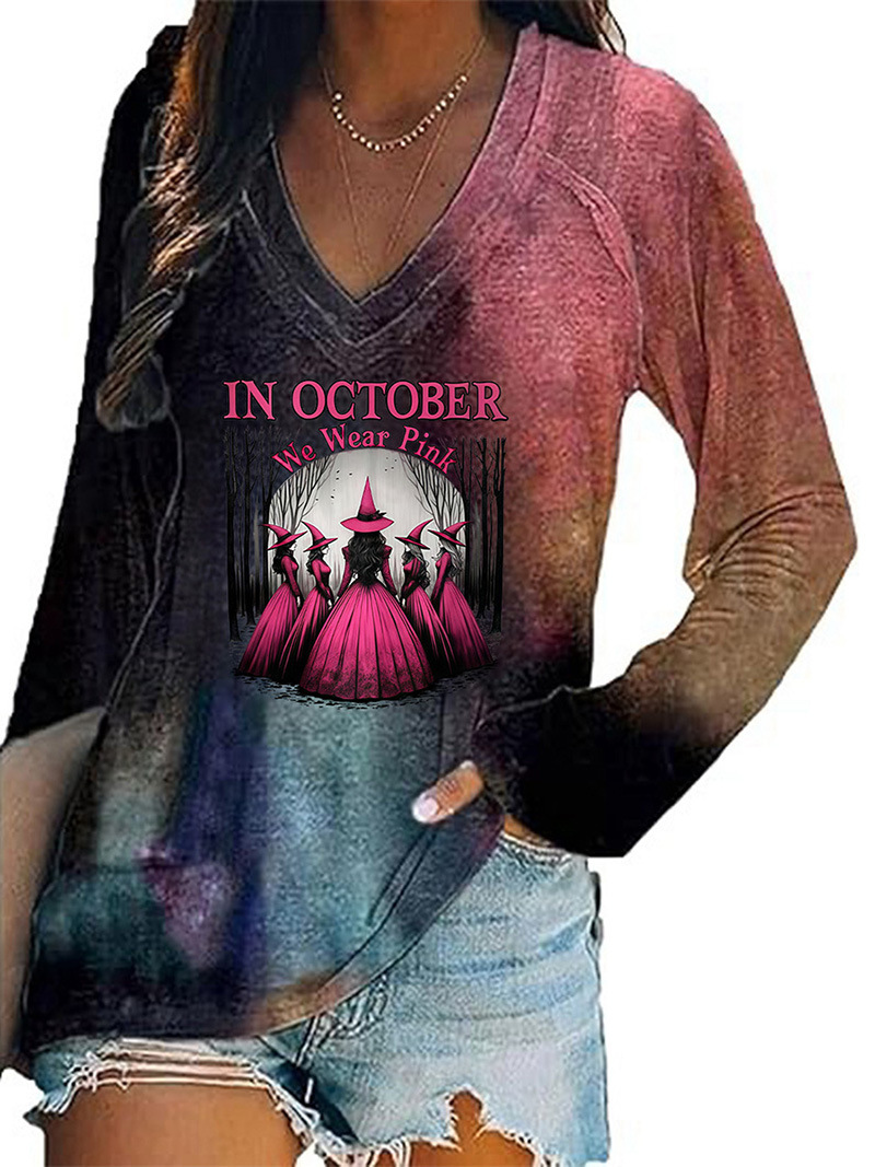 Women's Halloween Witch Hat Print V-Neck Long Sleeve T-Shirt