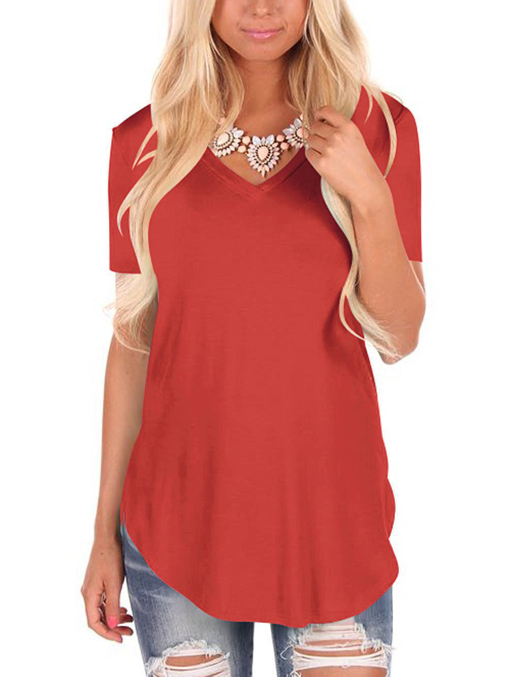Women's V-Neck Knit Short Sleeve T-Shirt Loose Plus Size Solid Color Top