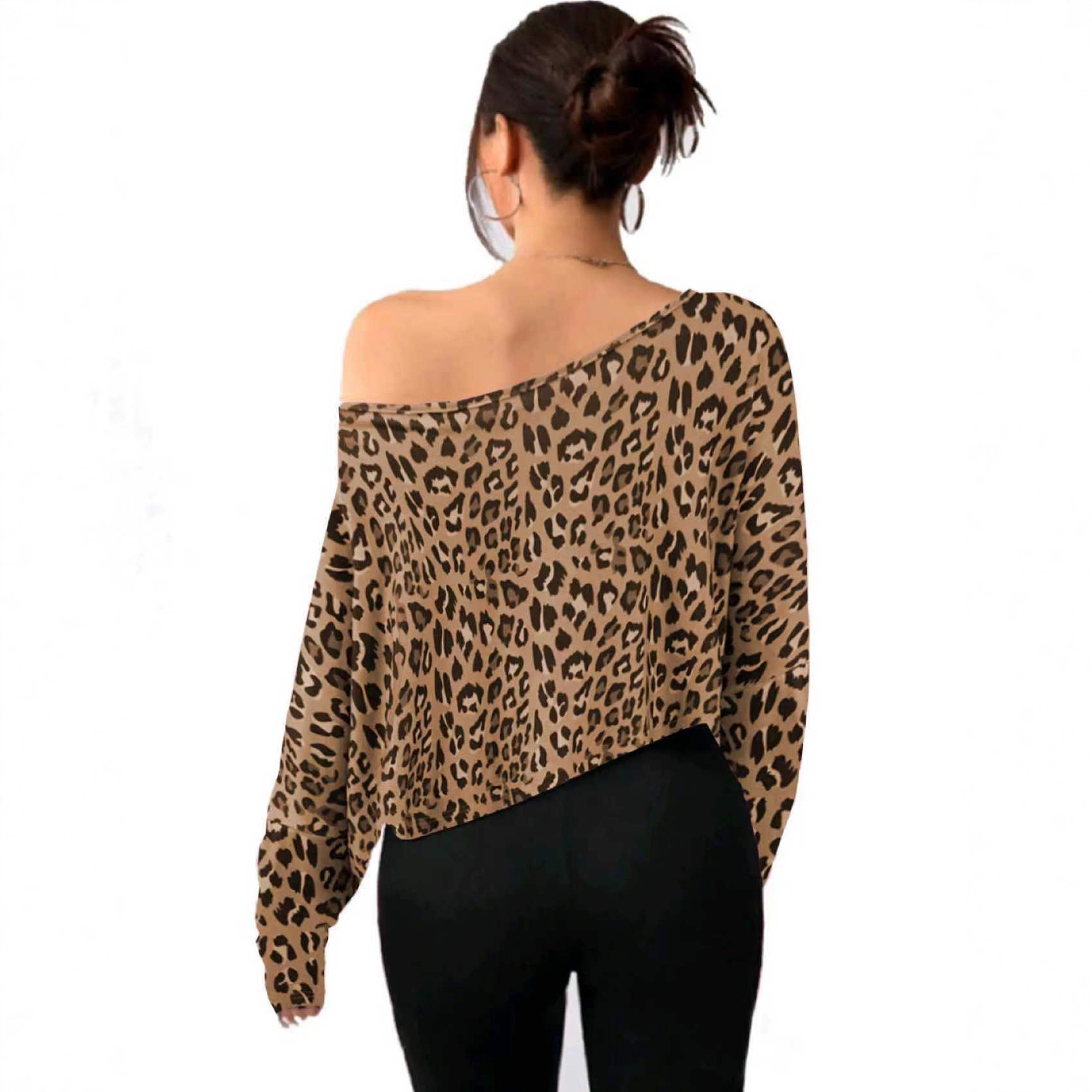 Women's One-Shoulder Leopard Print Long-Sleeve Cropped Top
