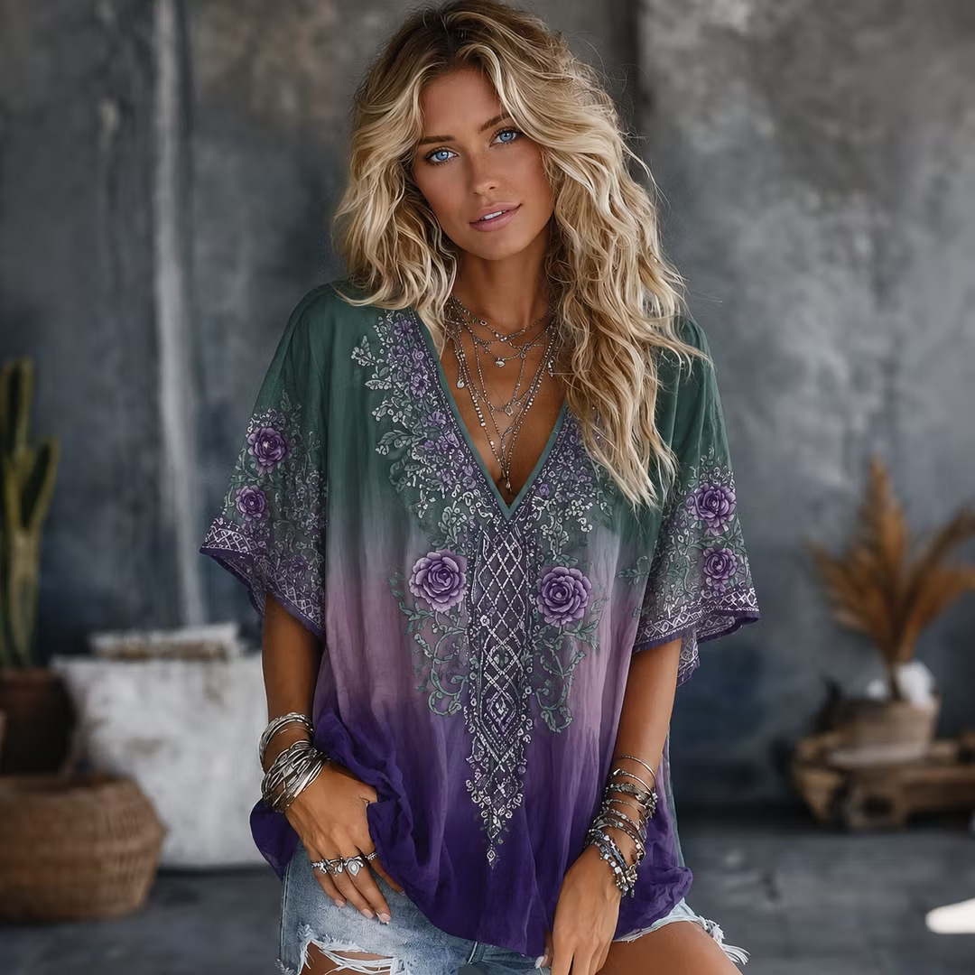 Floral Print V-Neck Short Sleeve Women's T-Shirt