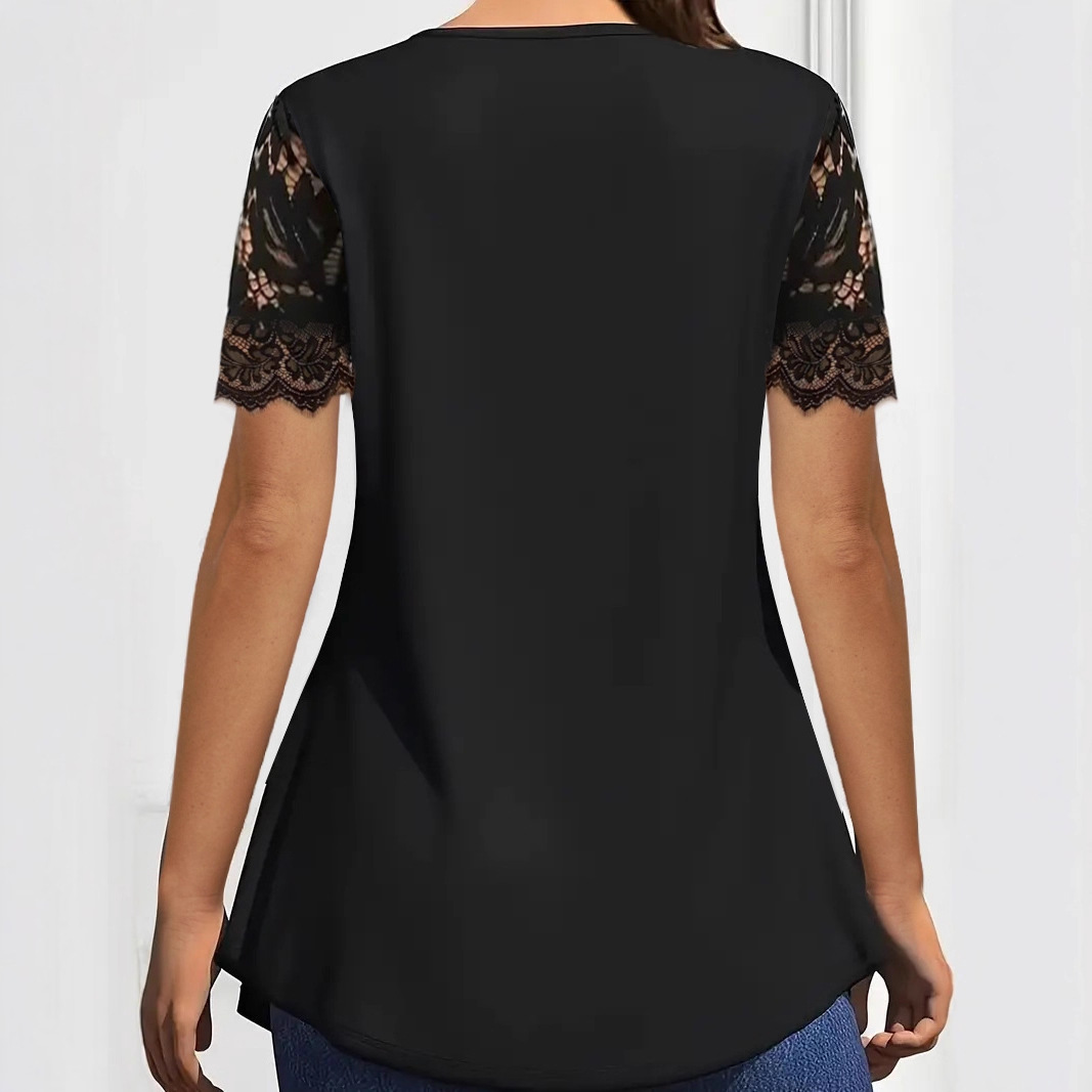 Women's Solid Lace Short Sleeve V-Neck Casual Blouse