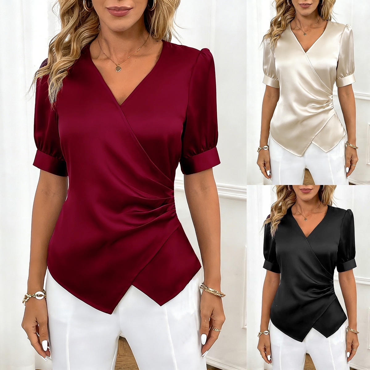 Women's V-Neck Satin Slim Fit Top
