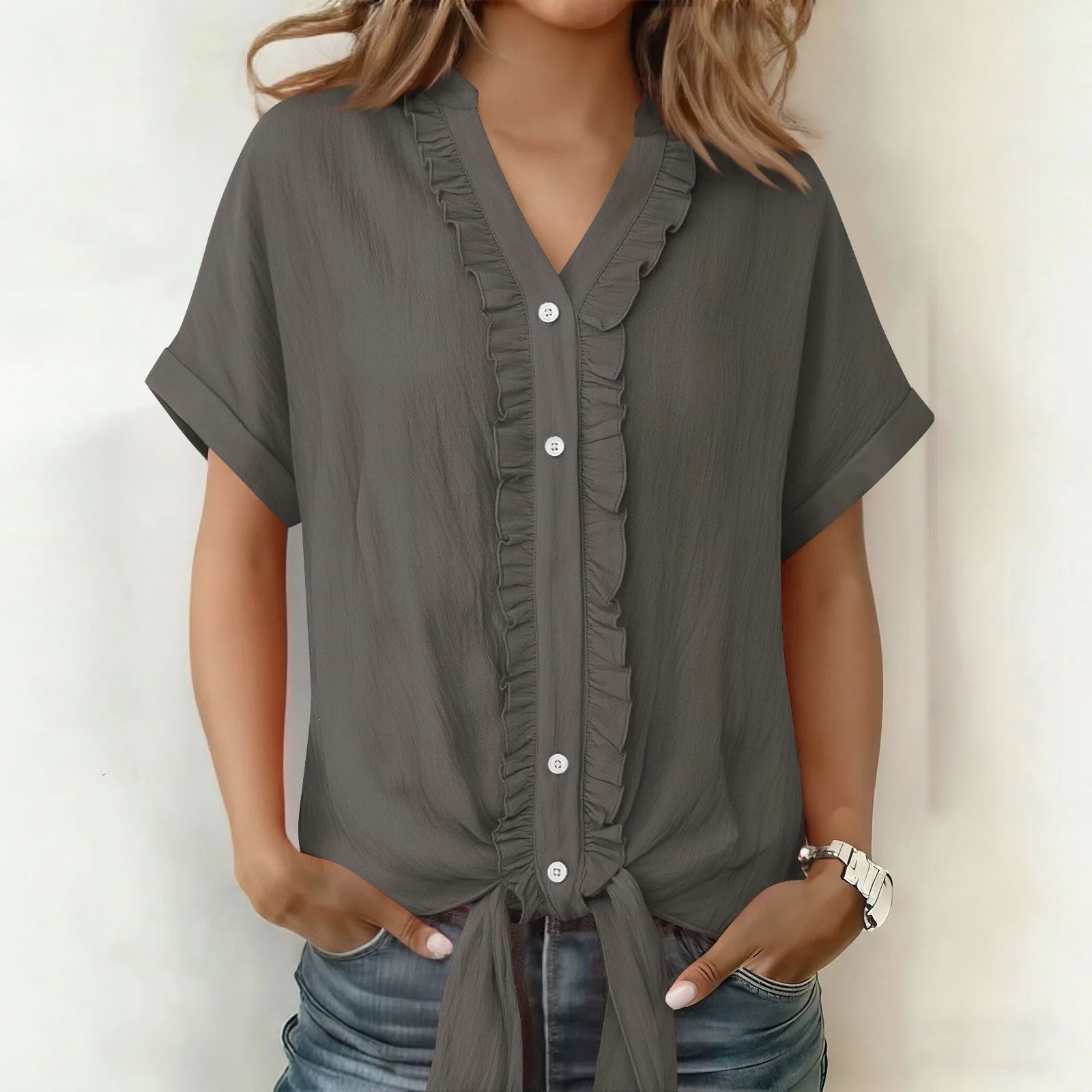 Women's Solid Color Short Sleeve Blouse T-Shirt Casual Loose Fit V-Neck