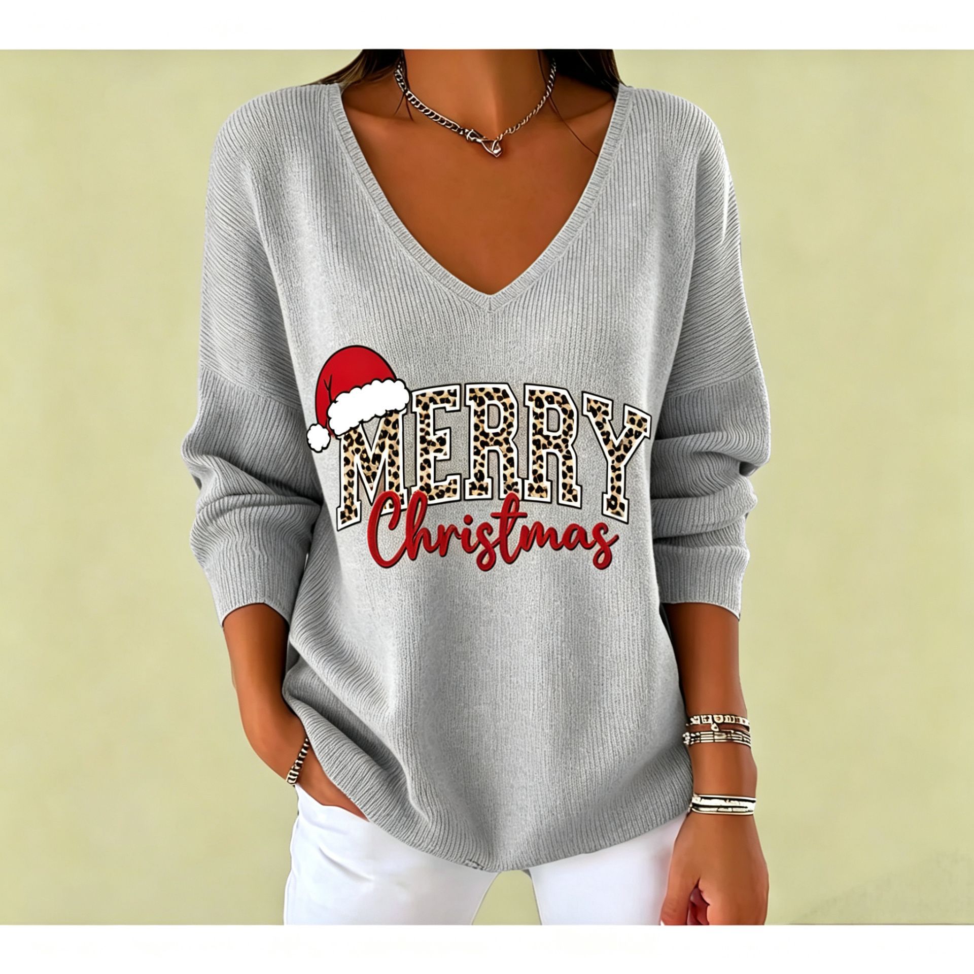 Christmas Letter Print V-Neck Long Sleeve Women's T-Shirt