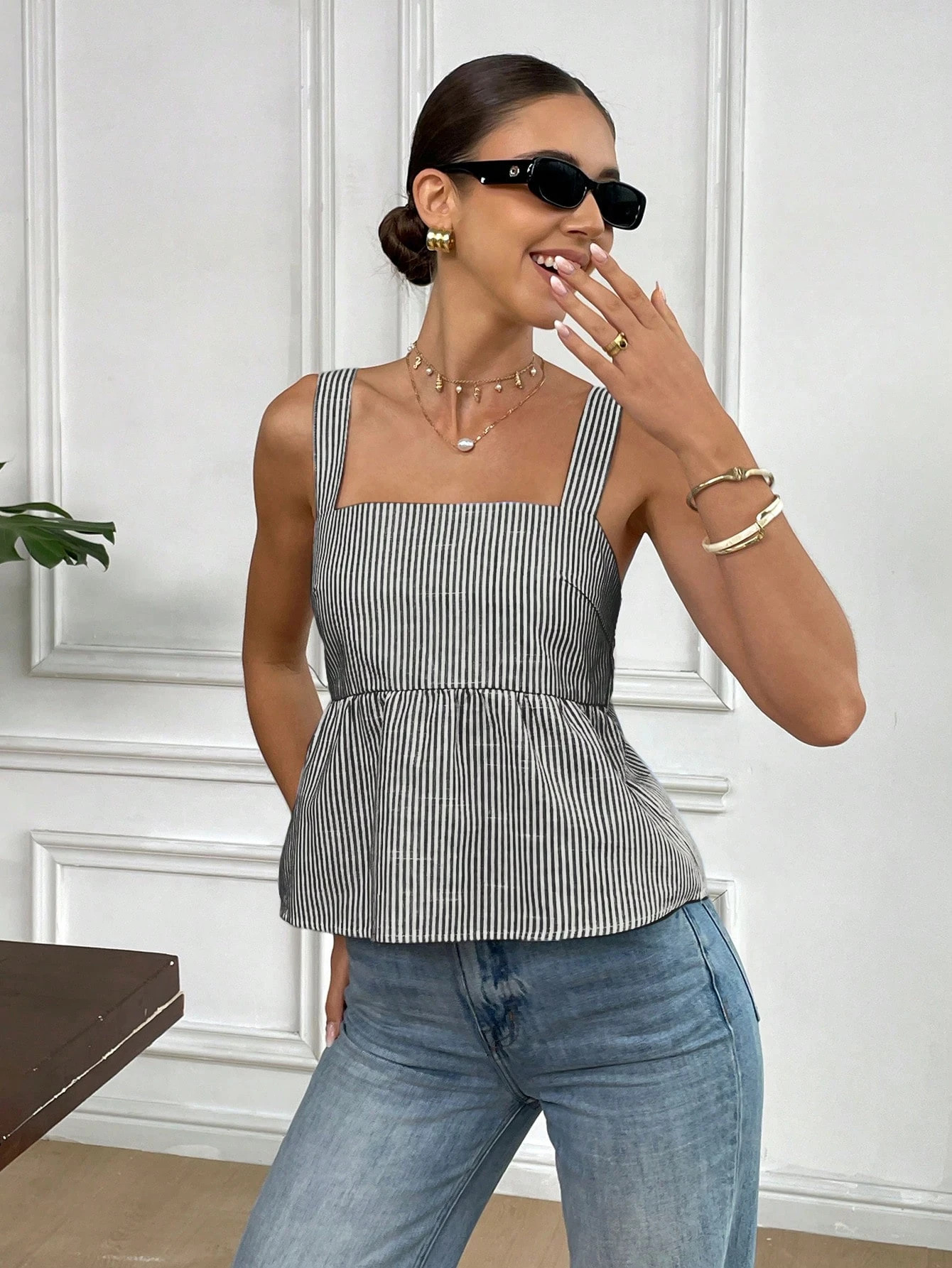 Striped Print Tie-Shoulder Cami Top Square Neck Backless Slim Fit