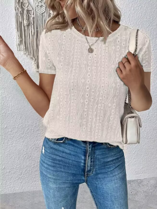 Solid Color Short Sleeve Hollow Out Casual Shirt
