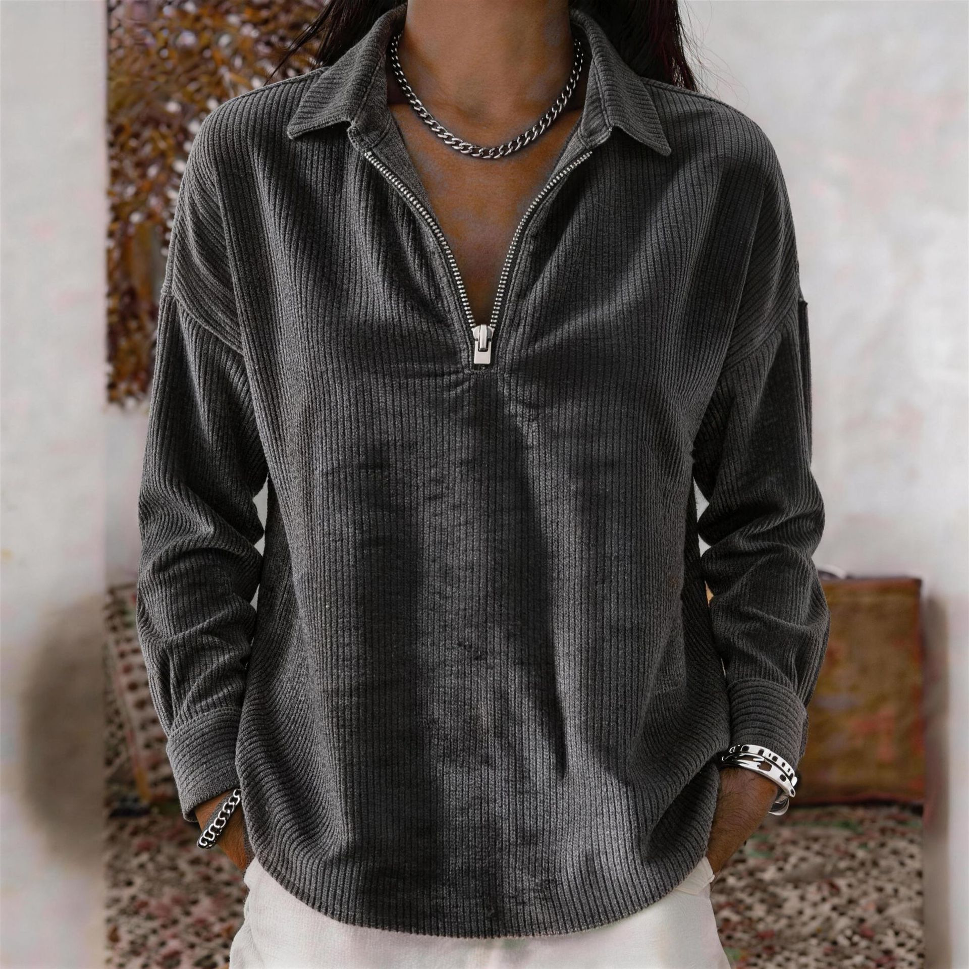 Corduroy Long-Sleeve Loose Collared Top