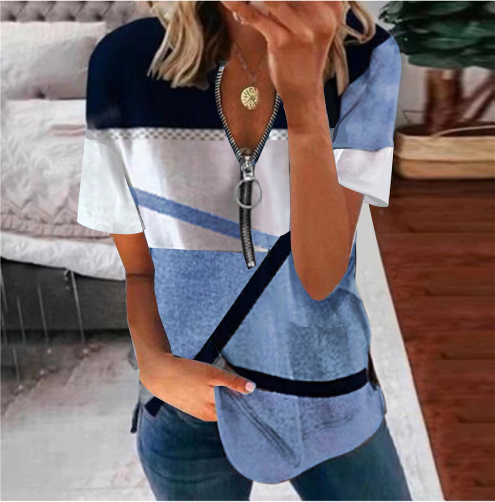 Women's Zip Print Loose Short Sleeve V-Neck T-Shirt