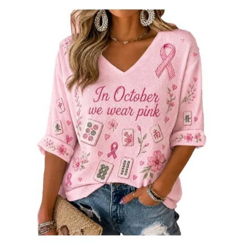 Ribbon Floral Mahjong Print V-Neck Mid-Sleeve T-Shirt
