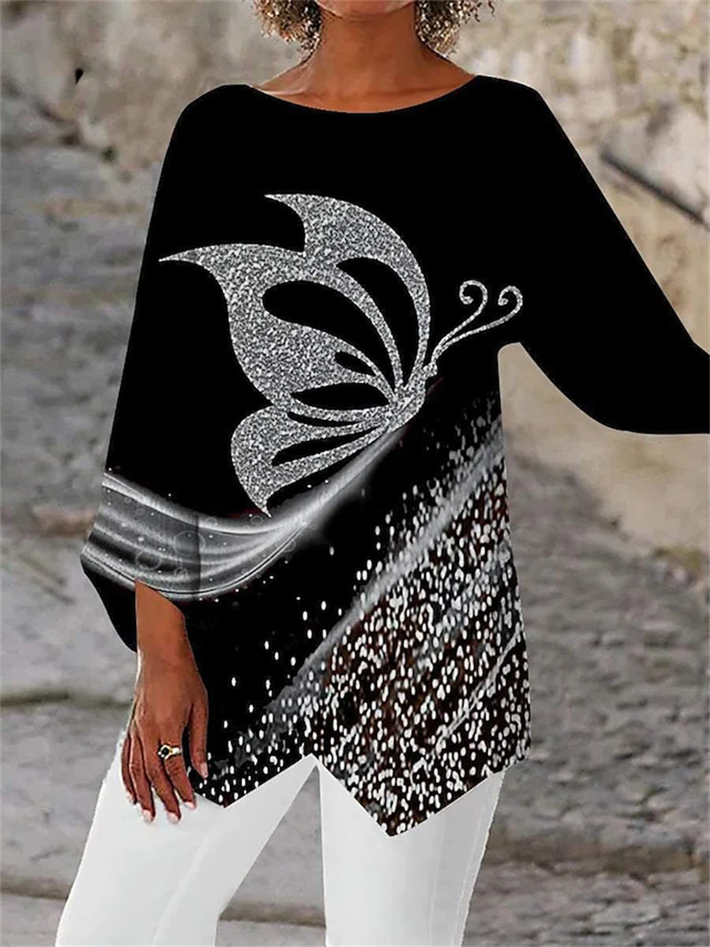 Geometric Floral Print Long Sleeve Patchwork Round Neck Shirt