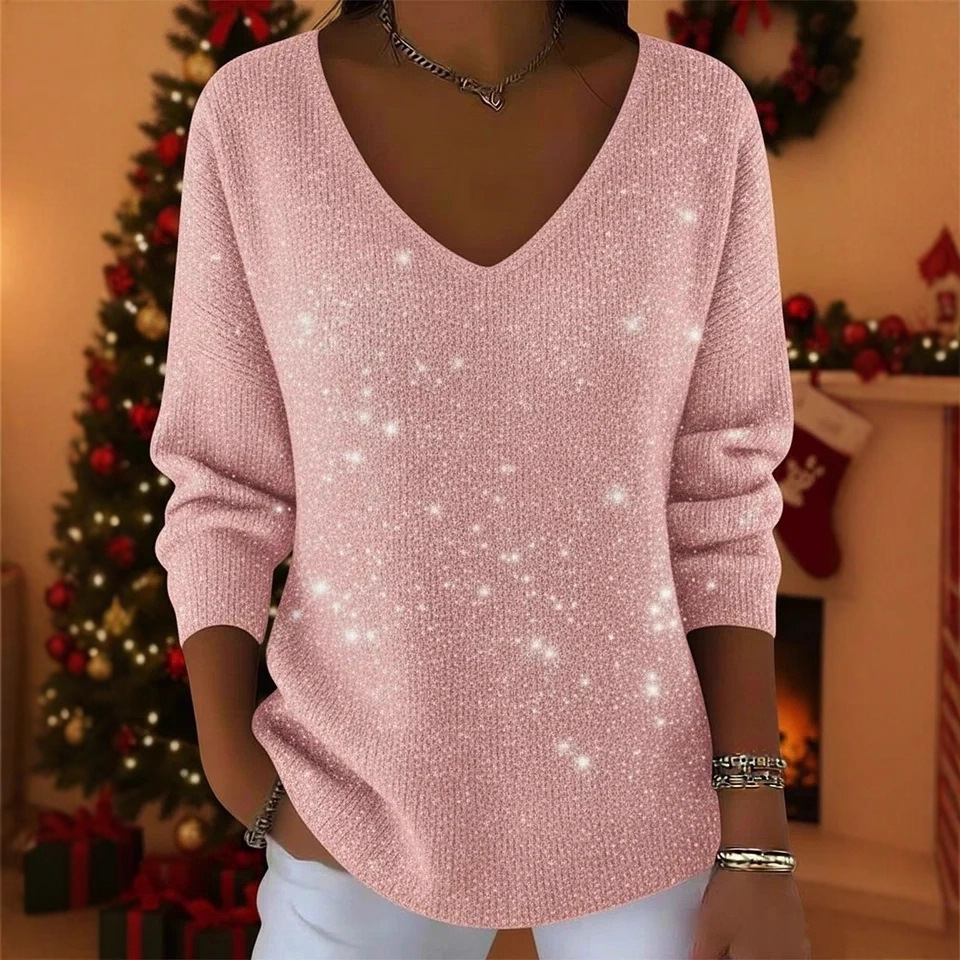 Women's Long Sleeve V-Neck Glitter T-Shirt Casual Versatile Top