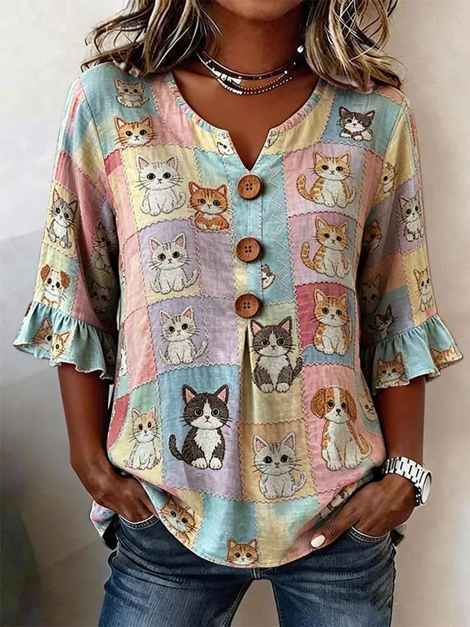 Women's Summer Floral Print Short Sleeve Button-Up Top
