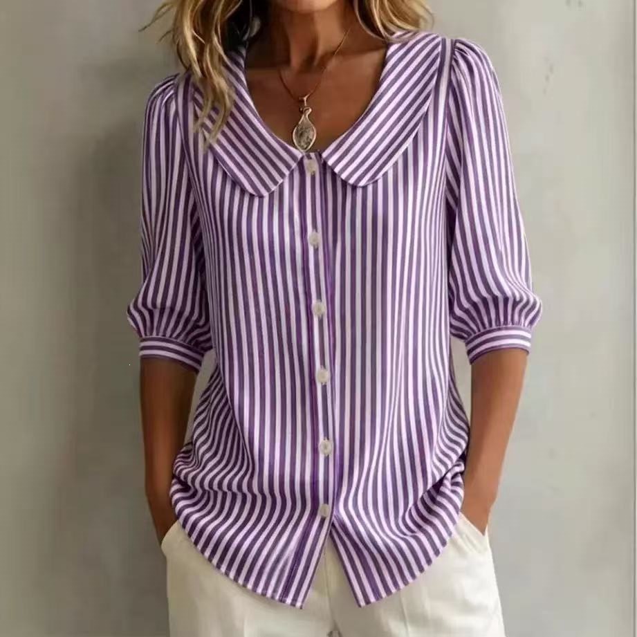 Striped V-Neck Half-Sleeve Blouse Top for Women