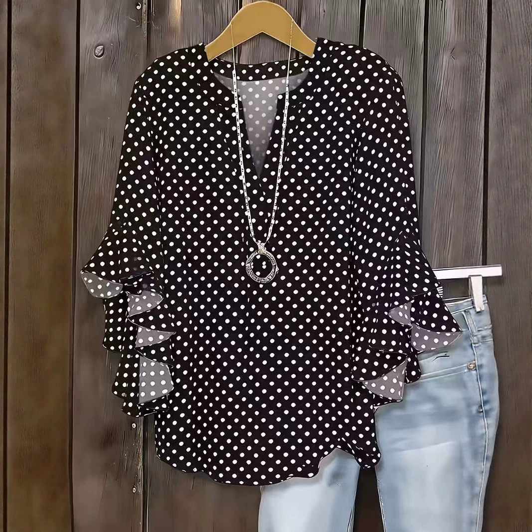 Polka Dot Print V-Neck Half-Sleeve Women's T-Shirt