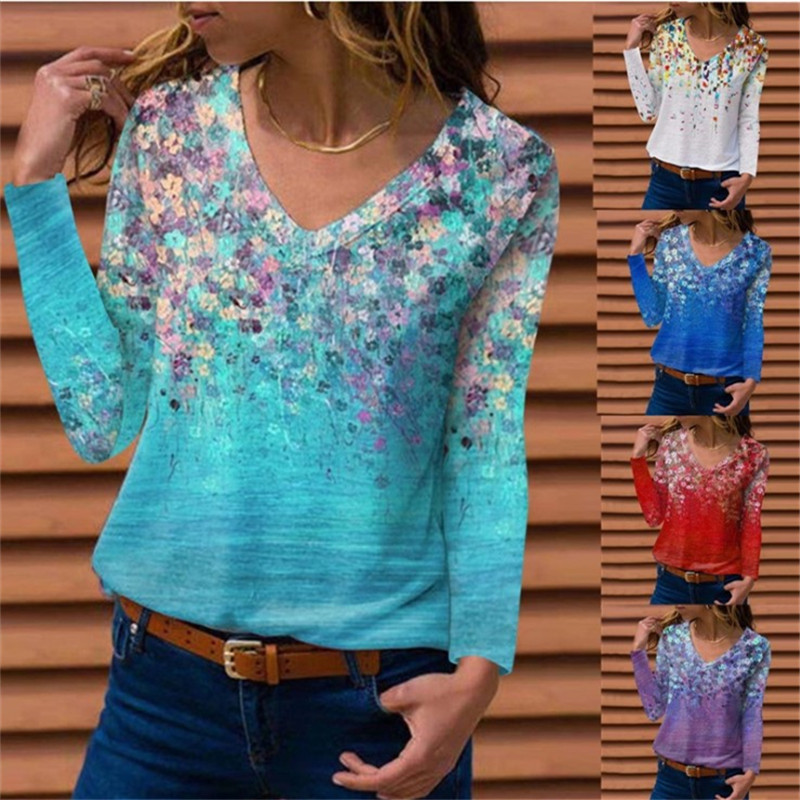 2025 Cross-Border Europe & America Wish Amazon Independent Station Autumn/Winter New V-Neck Printed Long-Sleeve Women's T-Shirt Top