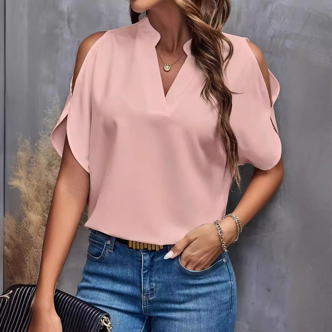 Women's Solid V-Neck Cold-Shoulder Short Sleeve Top