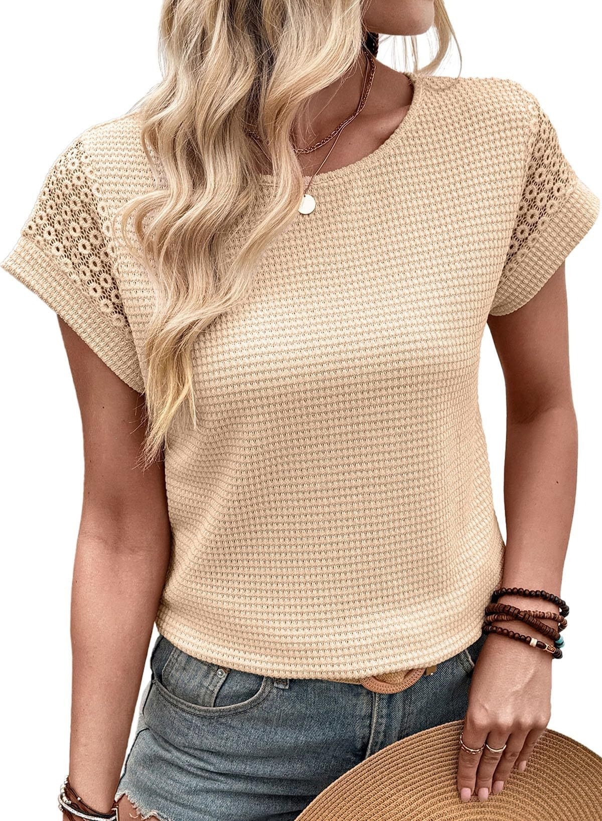 Women's Waffle Knit Lace Hollow-Out Short-Sleeve Crewneck T-Shirt