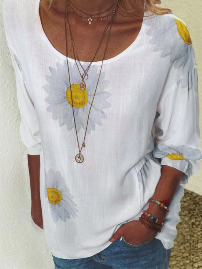 Women's Floral Print Cotton-Linen Blend T-Shirt